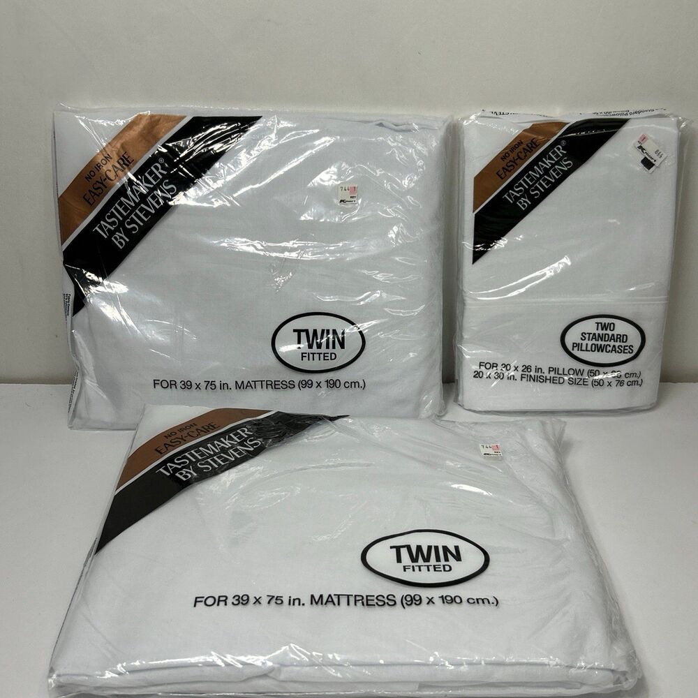 Tastemaker by Stevens Twin Flat Fitted Sheet Pillowcase Set white NOS